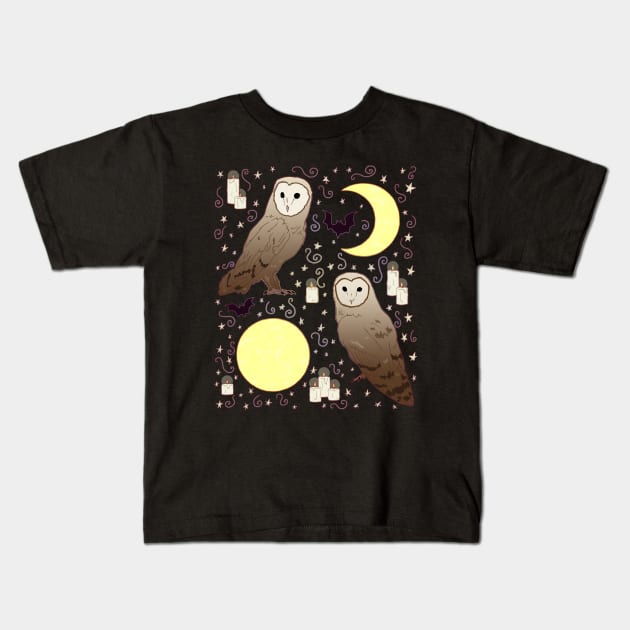 Halloween Owls, Bats, Swirls, Candles, and Moons Kids T-Shirt by WordWind